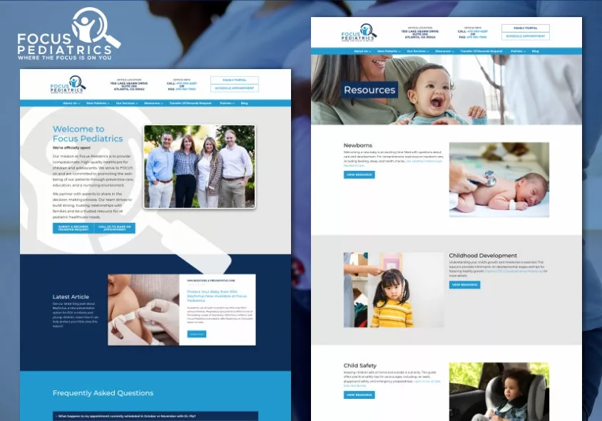 Focus Pediatrics homepage and services page